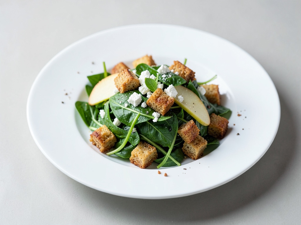 Insalata fruttata di spinaci e pere con croutons croccanti e feta