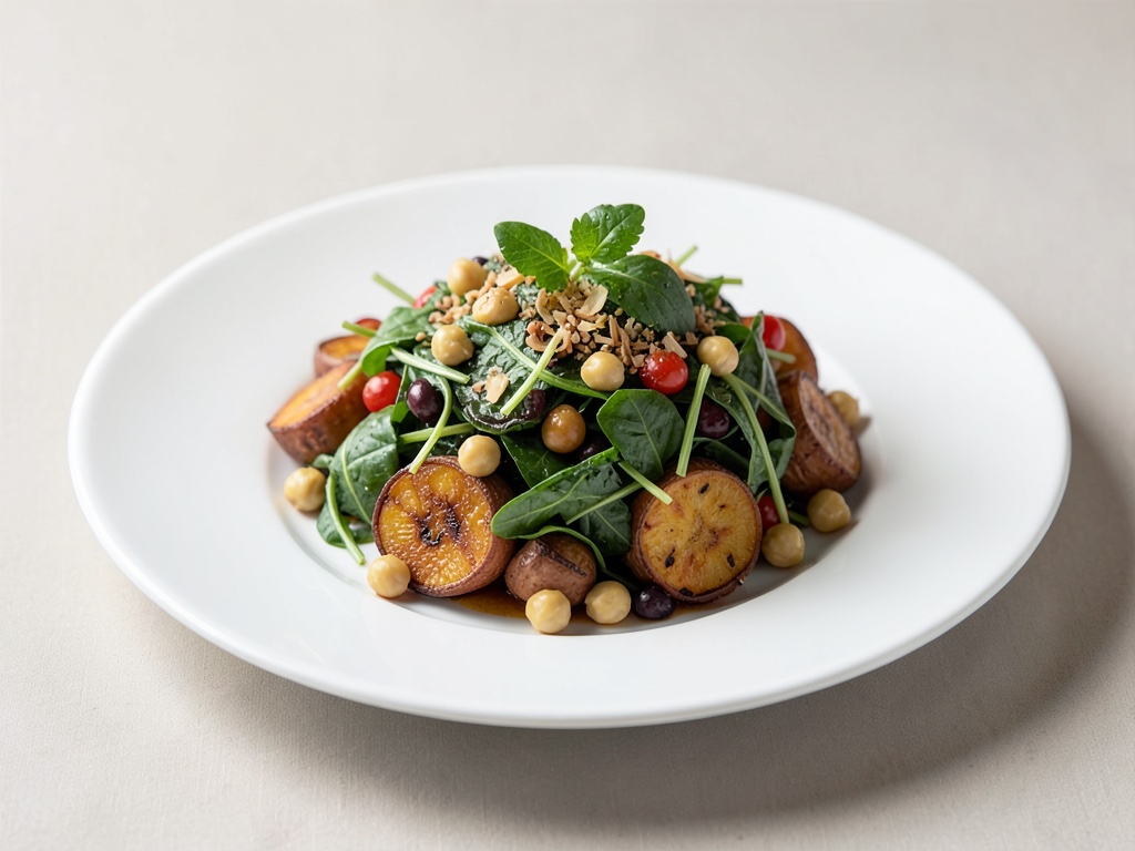Insalata di patate dolci e spinaci tostati con ceci