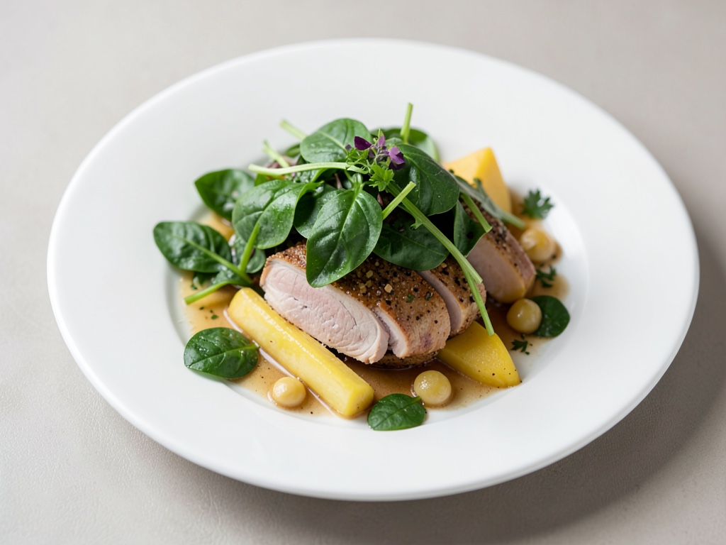 Insalata fresca con spinaci, anatra e melone