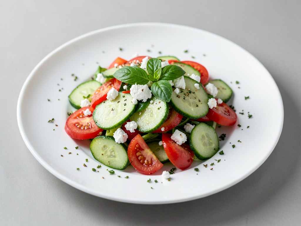 Insalata fresca di cetrioli e pomodori con formaggio di pecora e basilico