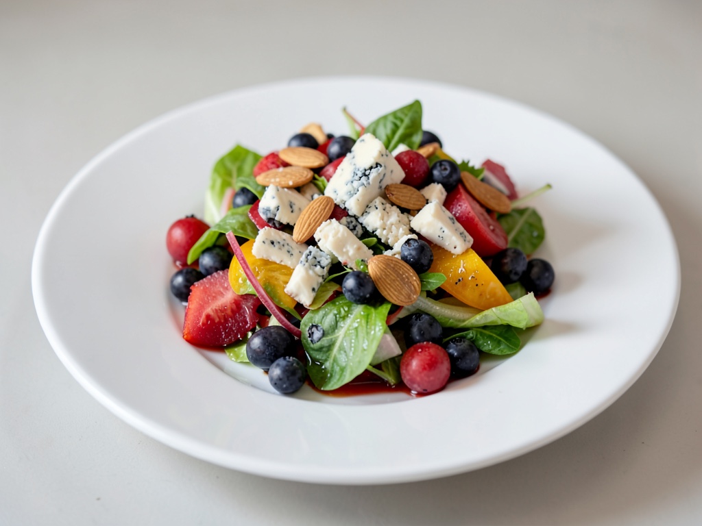 Insalata colorata con frutti di bosco, mandorle e formaggio erborinato