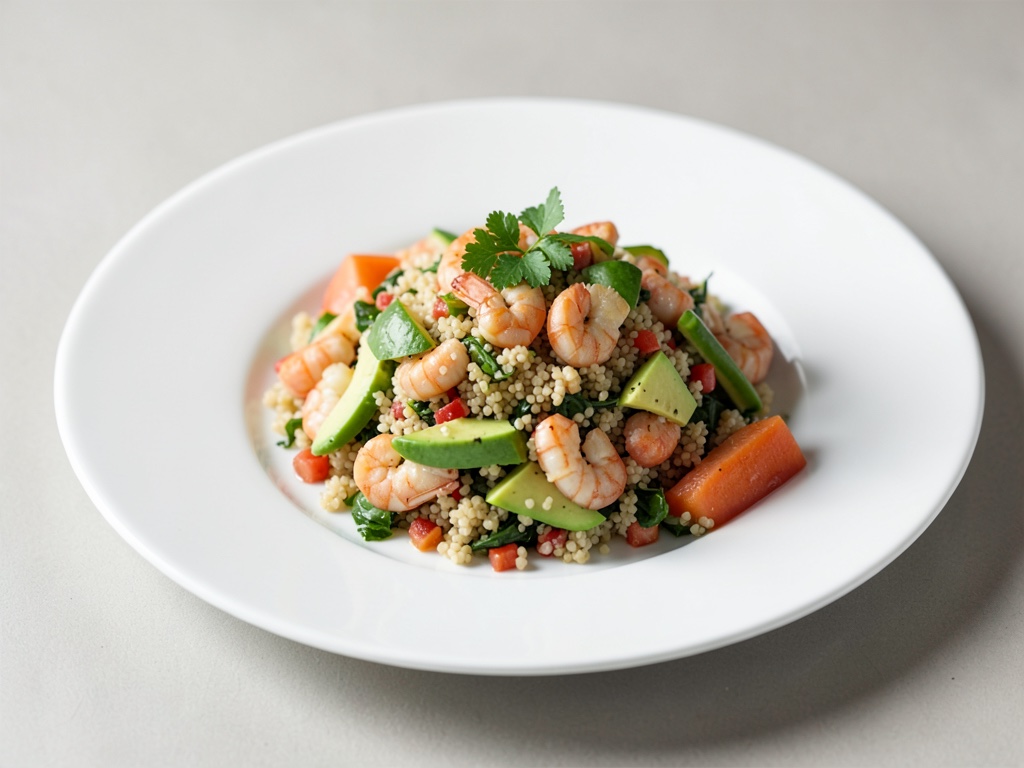 Insalata di couscous e gamberi con avocado e papaya
