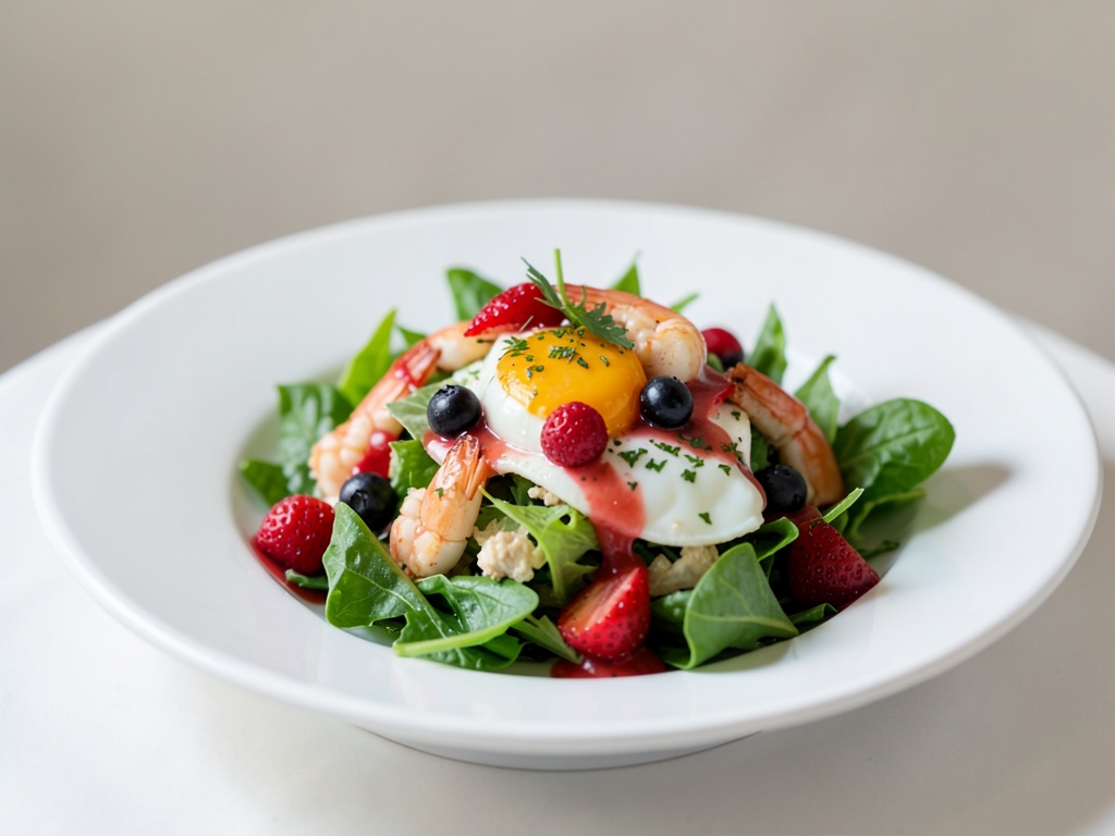 Insalata fresca con uova, gamberi e condimento alle fragole