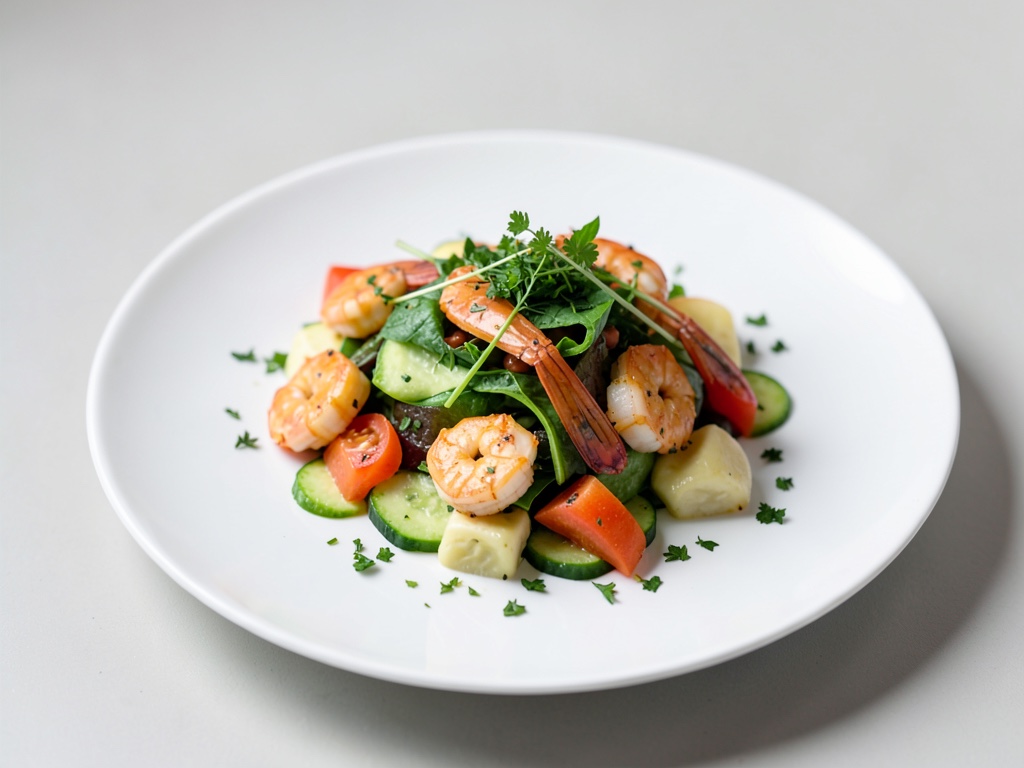 Insalata fresca di gamberi, cetriolo e papaya con erbe aromatiche