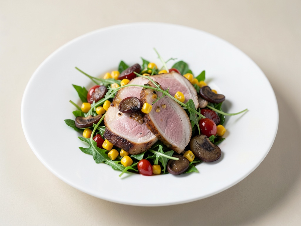 Insalata di valeriana con fette sottili di petto d'anatra affumicato e chanterelles