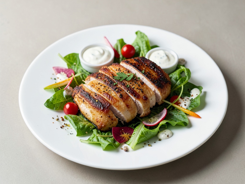 Petto di pollo croccante su insalata croccante con yogurt dip