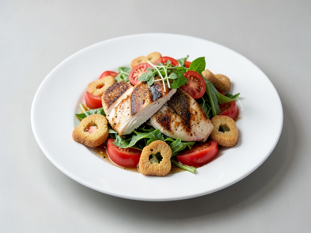 Insalata di pollo alla griglia con pomodori e crostini a forma di cuore