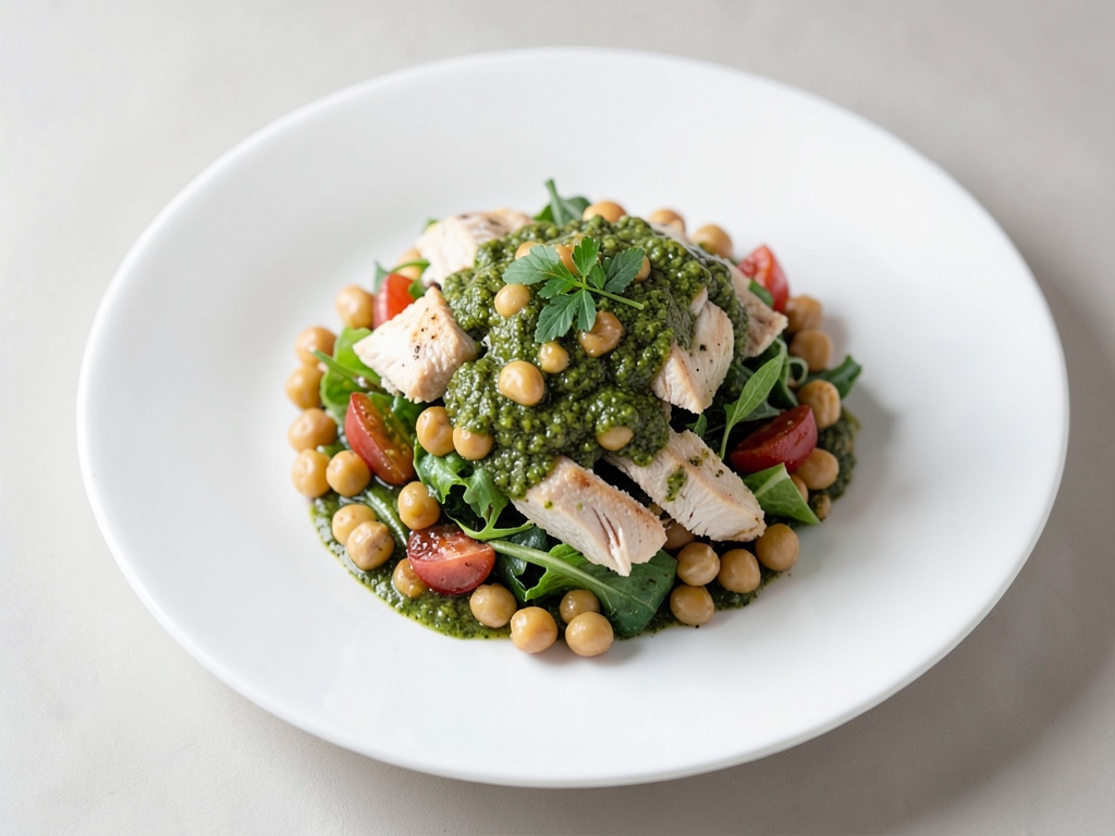 Insalata di pollo con ceci e condimento al pesto