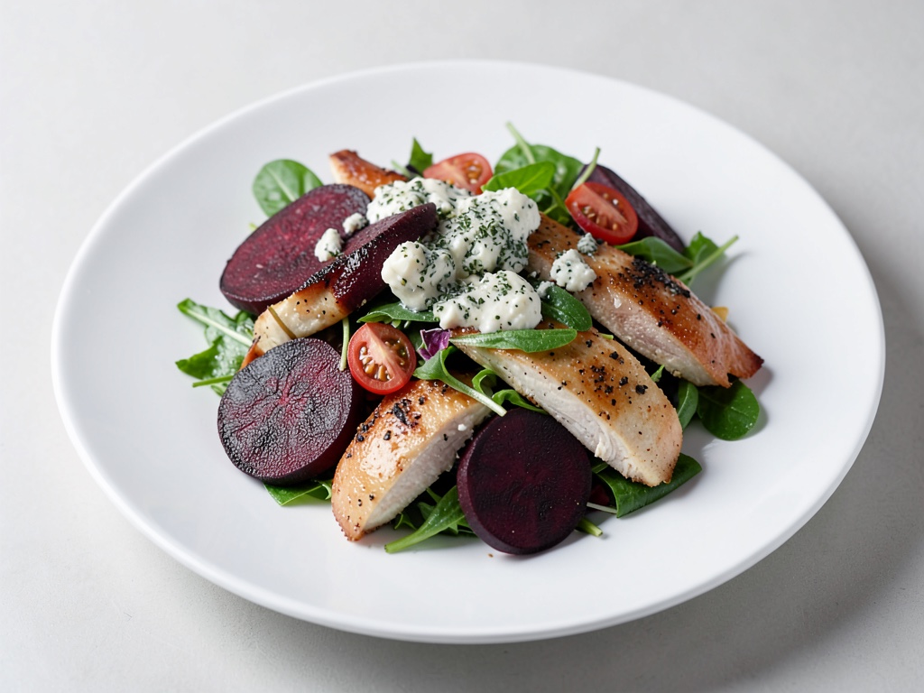 Insalata colorata con barbabietola al forno, pollo e gorgonzola