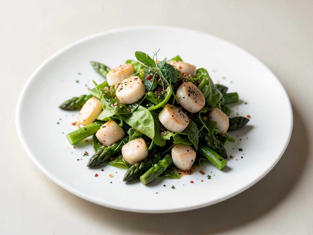 Insalata fresca con scaloppi e asparagi verdi