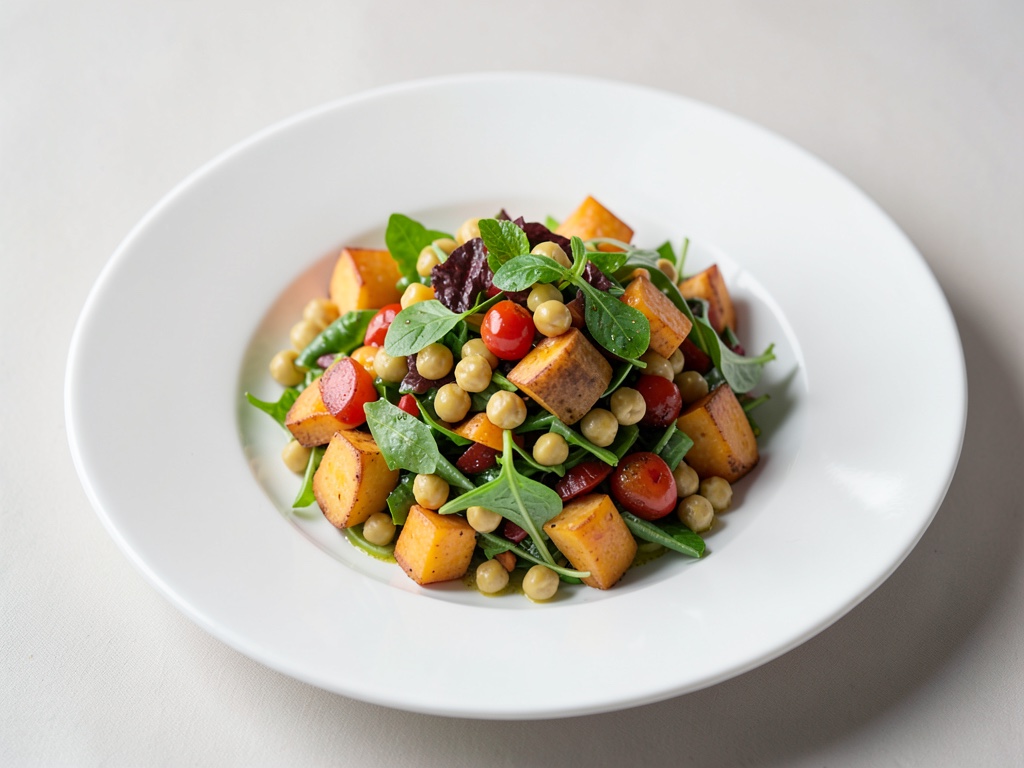 Insalata colorata con ceci, patate dolci e asparagi di mare