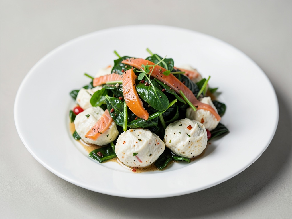 Insalata fresca di salmone e spinaci con gnocchetti di formaggio fresco