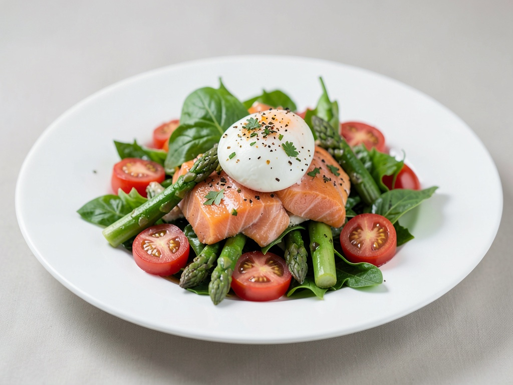 Frischer Salat mit Lachs, grünem Spargel, Tomaten und Ei