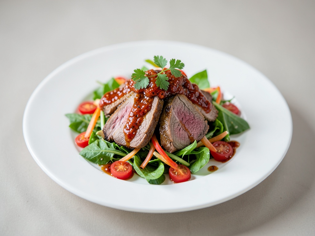 Insalata di agnello con verdure fresche e condimento al peperoncino
