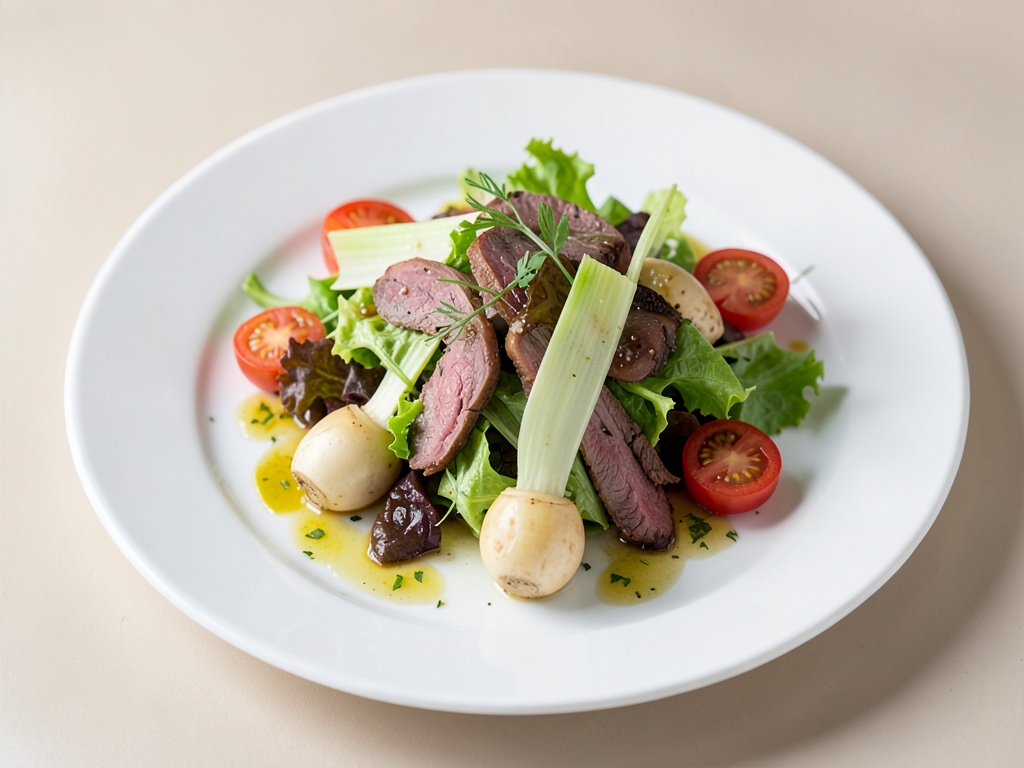 Insalata fresca con pastinache, porri, valeriana e pomodori