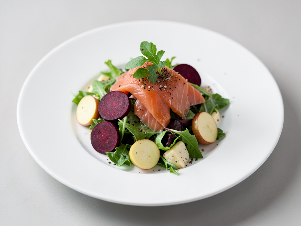Insalata fresca con salmone affumicato, barbabietola rossa e mela