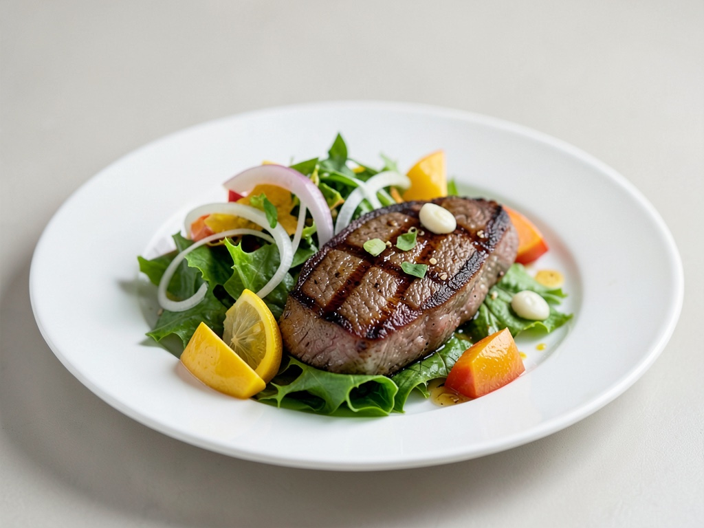 Insalata di primavera con filetto di manzo alla griglia, mango e cipollotti