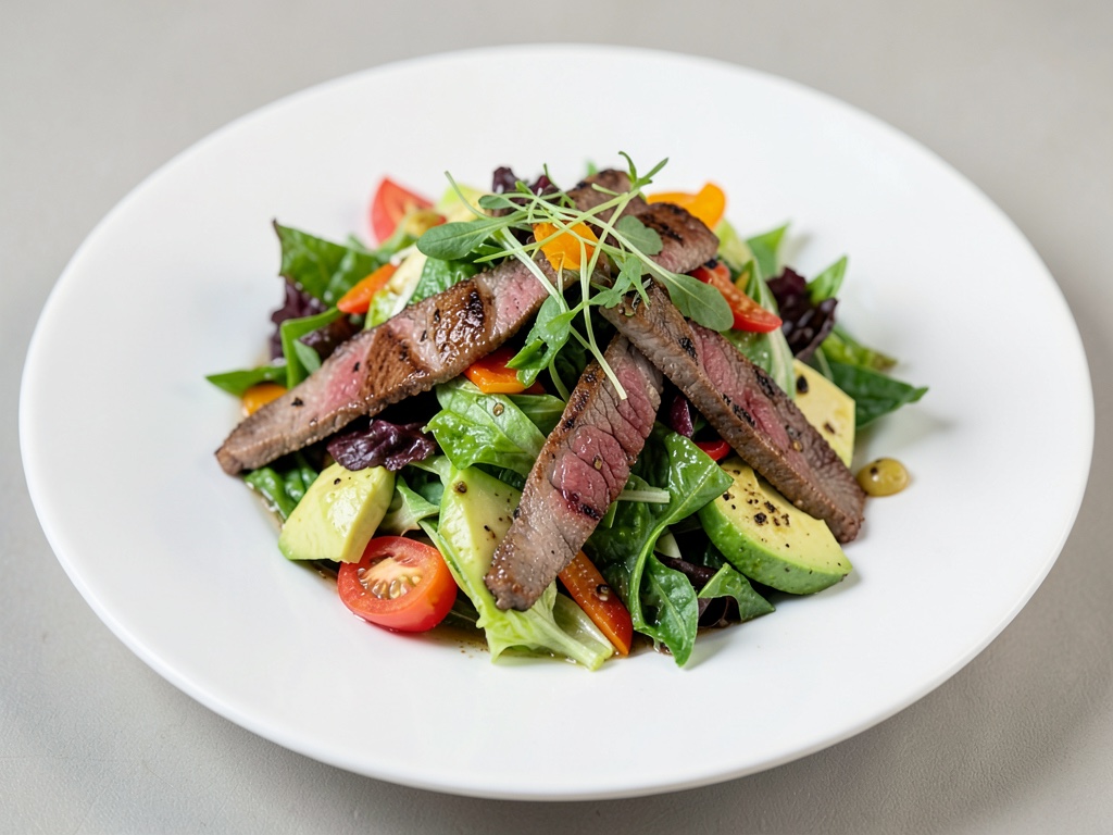 Insalata colorata con strisce di manzo alla griglia e avocado