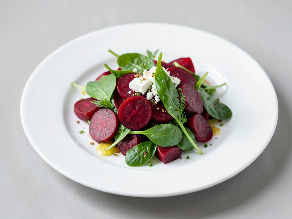 Insalata colorata di barbabietola rossa, spinaci freschi e feta