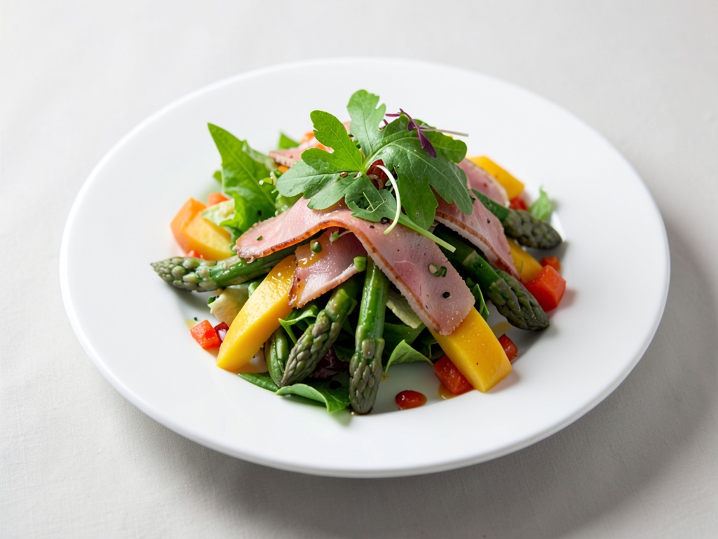 Insalata fresca con asparagi, mango e prosciutto