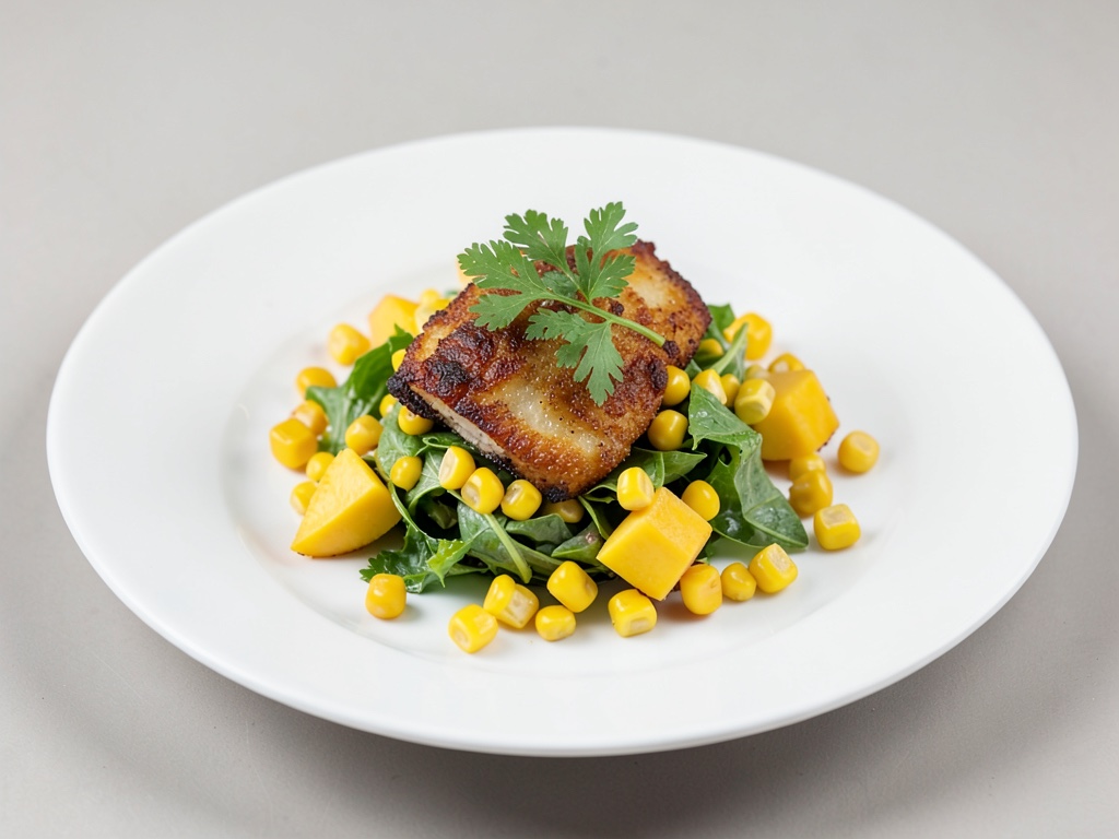 Insalata di rucola fresca con anguola di mare fritta e mango
