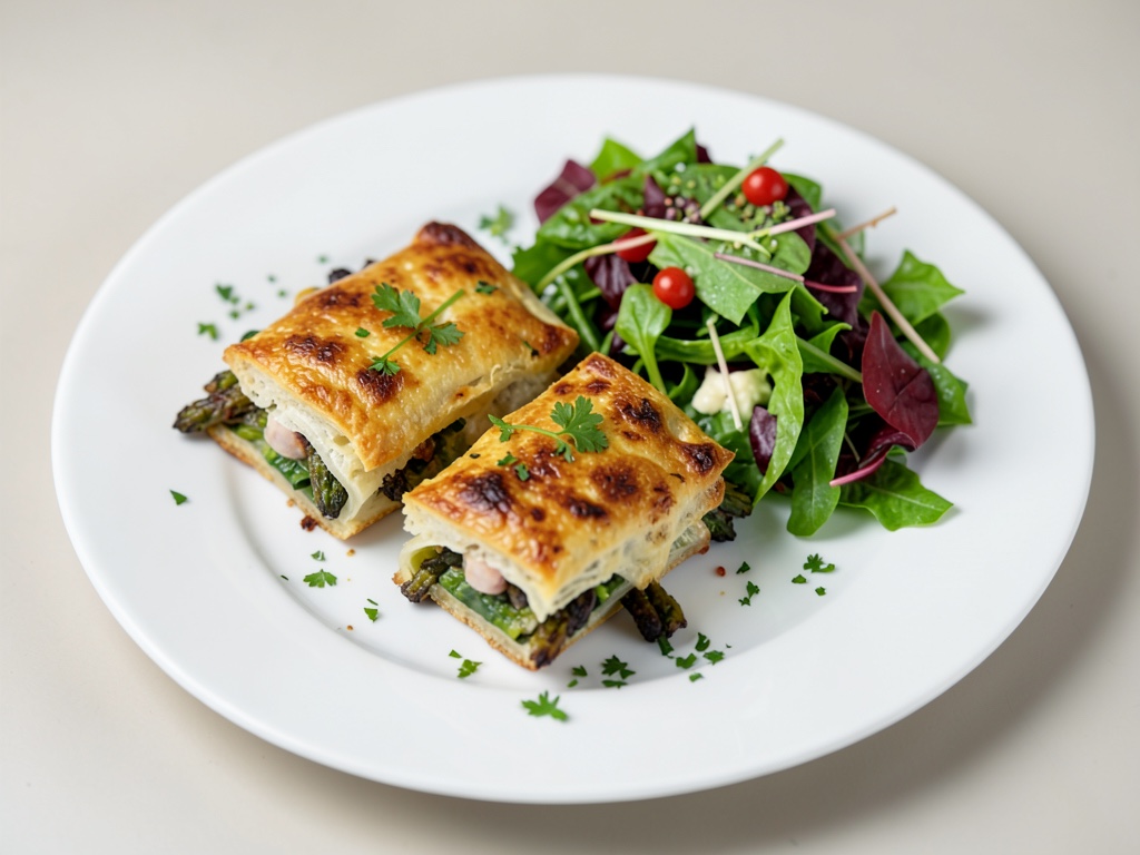 Asparago al forno in sacchettini di pasta sfoglia con insalata fresca