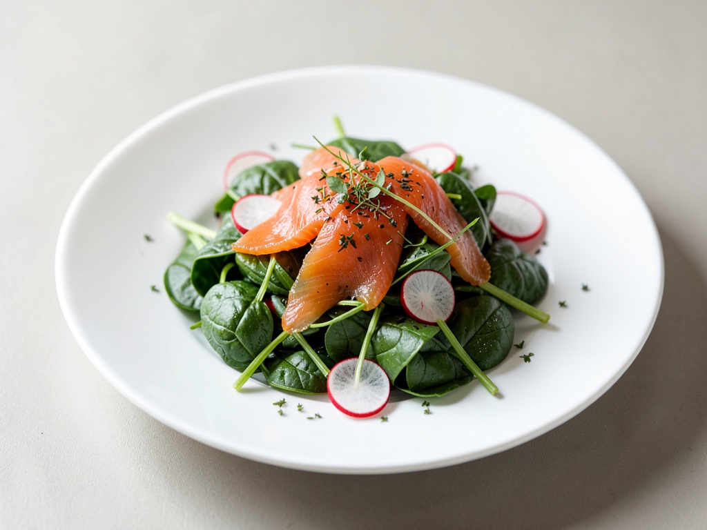Insalata fresca di spinaci con salmone affumicato e ravanelli