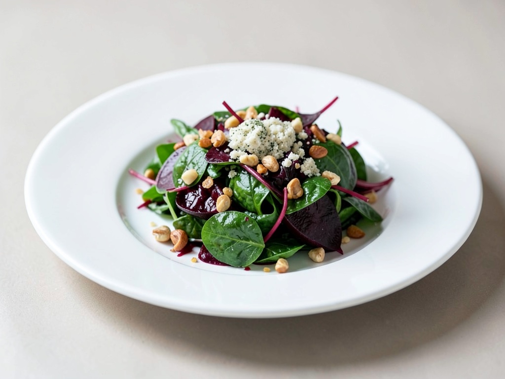 Insalata fresca di spinaci e barbabietola rossa con Gorgonzola e noci