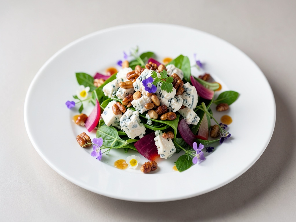 Insalata di formaggio erborinato con noci caramellate e fiori freschi