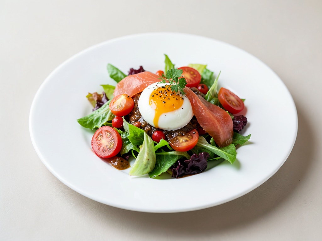 Insalata colorata con uovo poché e salmone affumicato