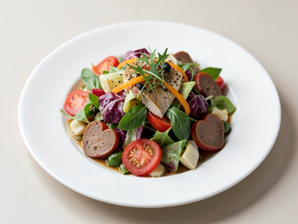 Piatto di insalata colorato con cuori saporiti