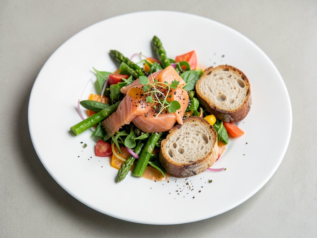 Piatto di insalata colorata con asparagi, salmone e toast tostato