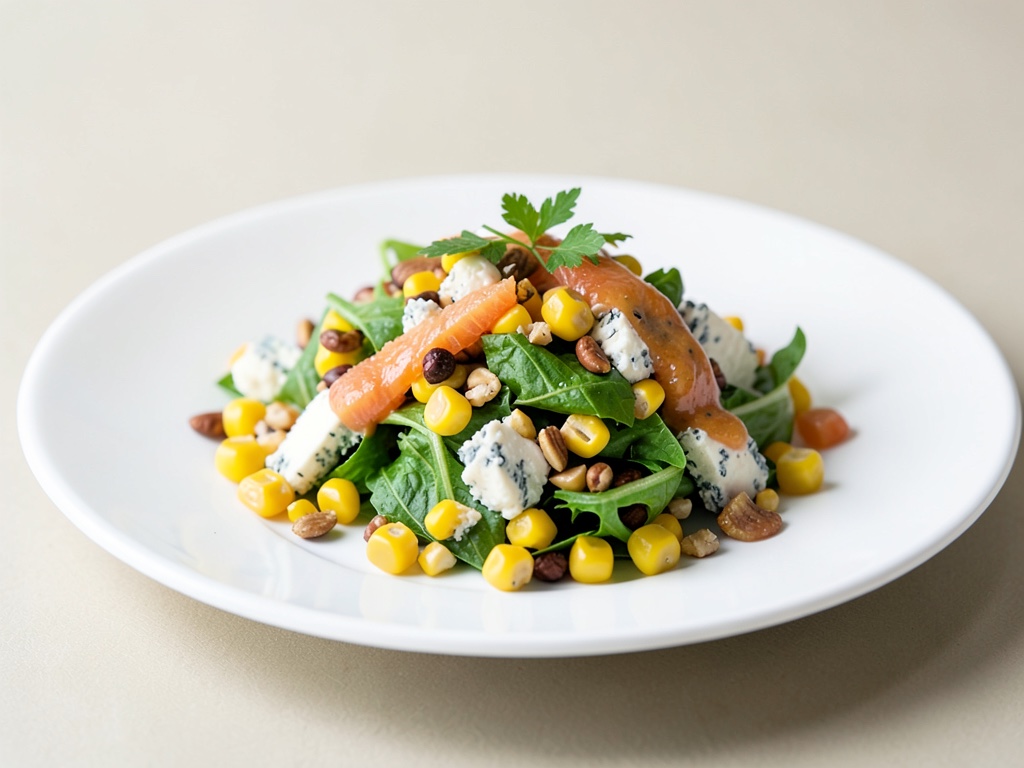 Insalata di rucola fresca con formaggio erborinato, noci e condimento al pompelmo