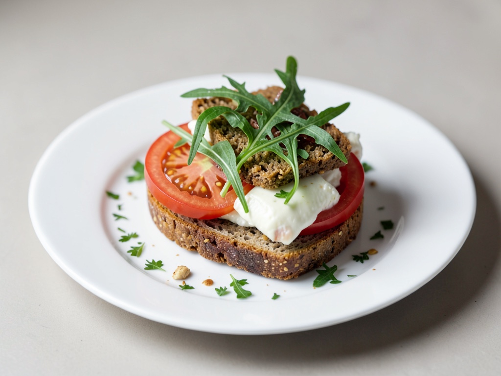 Sandwich al pane tostato integrale con mozzarella, pomodoro e rucola