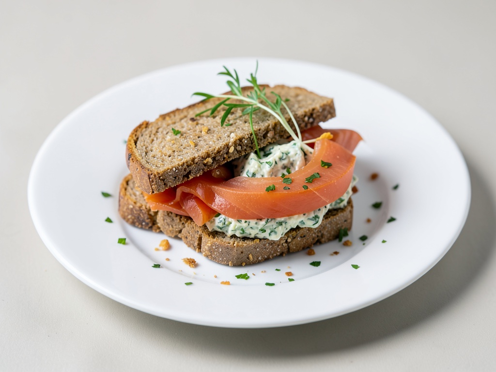 Sándwich de pan integral con salmón ahumado y crema de brotes