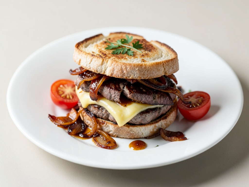 Tramezzino di manzo e formaggio con cipolle caramellate e pomodori