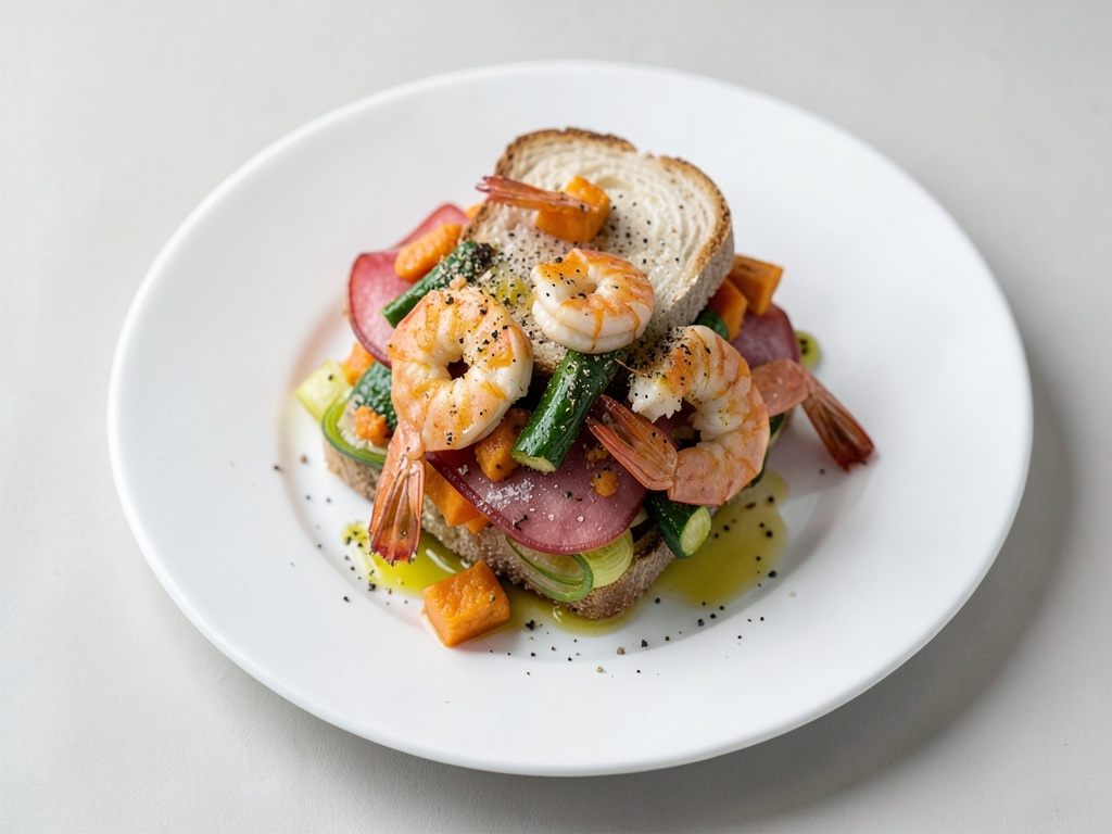 Spuntino con prosciutto, gamberi e verdure fresche