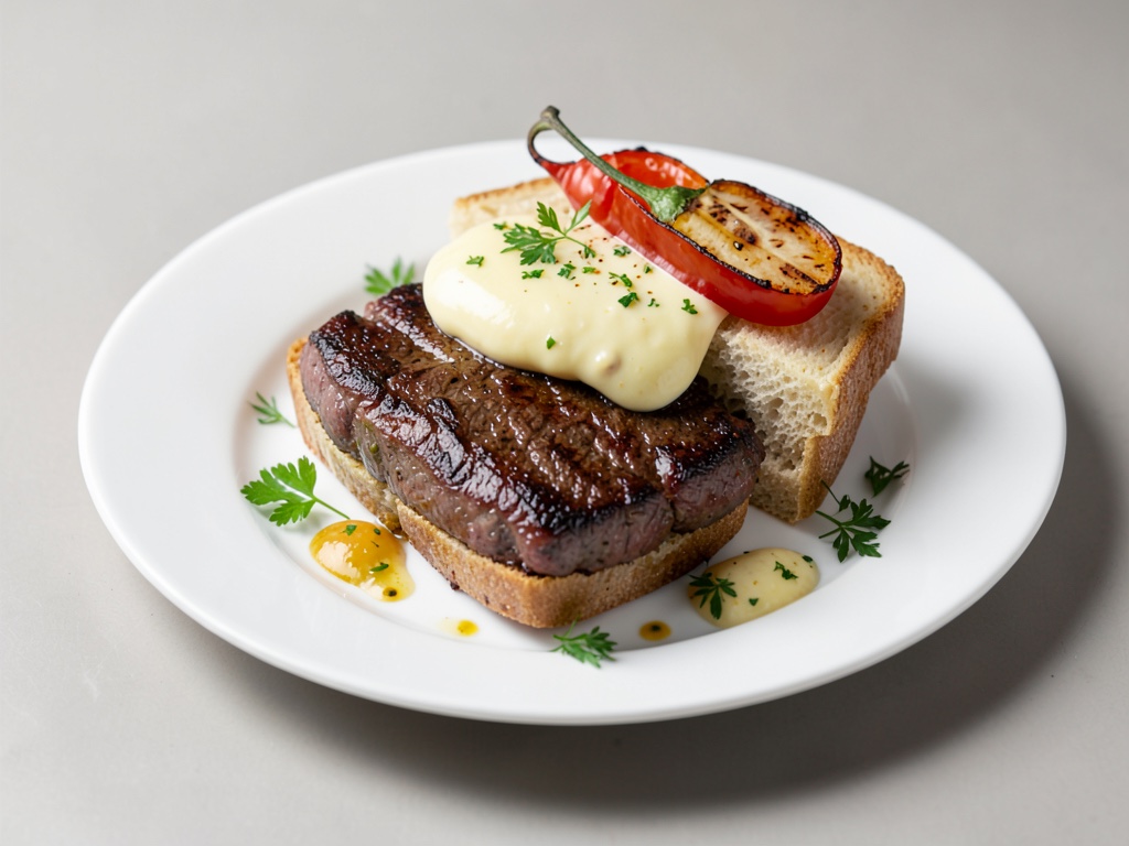 Sandwich au steak et crème de moutarde avec poivrons grillés