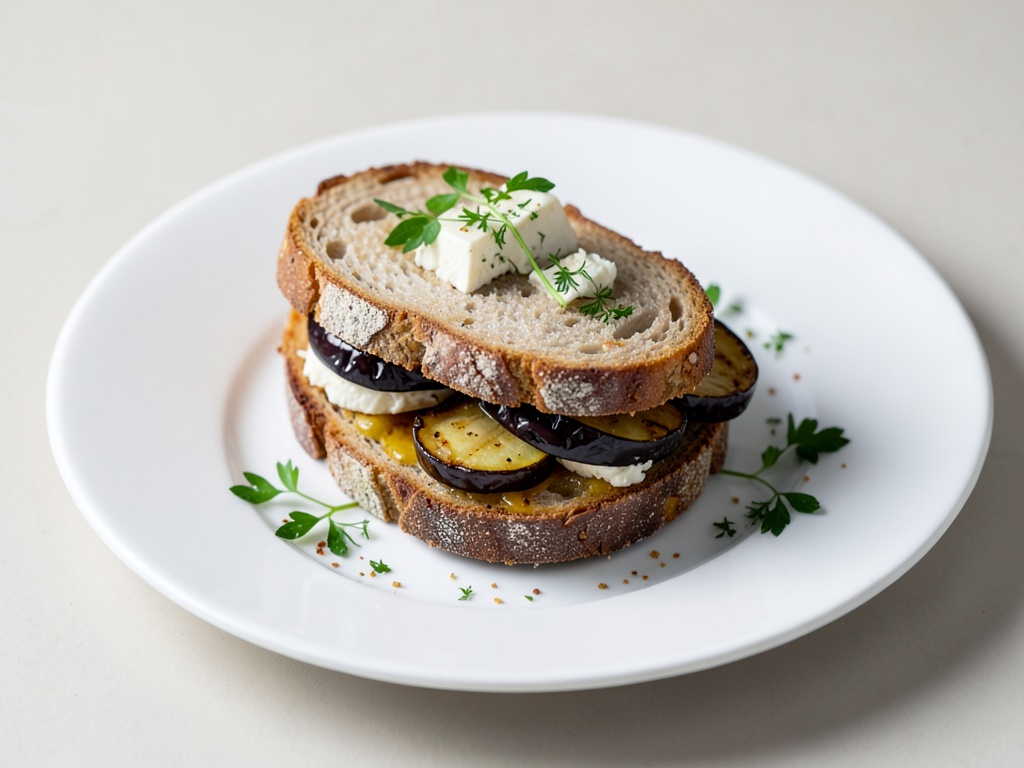 Panino al pane tostato con melanzane alla griglia e formaggio di pecora