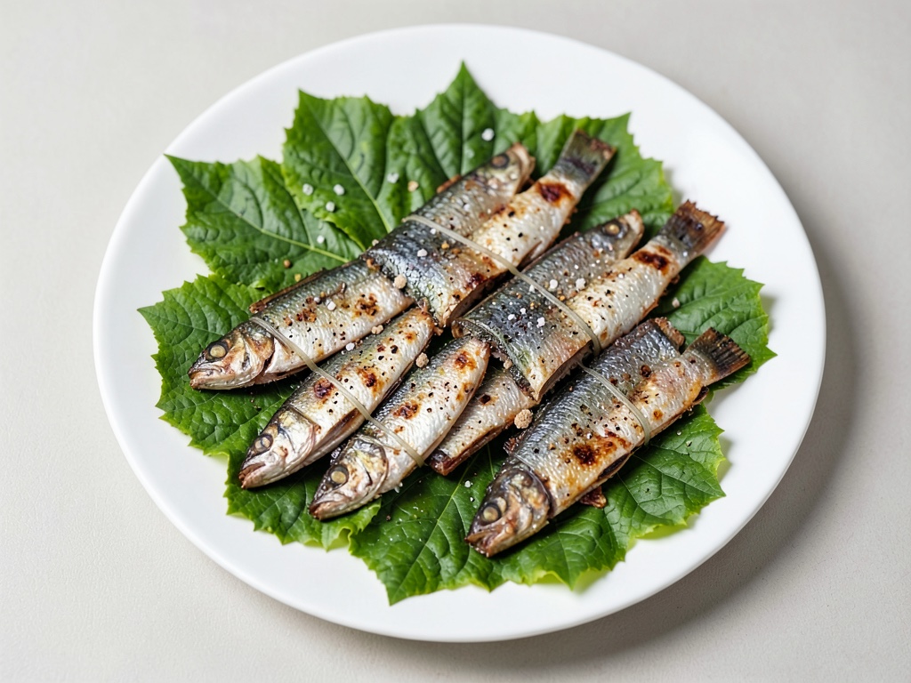 Sardine nel pacchetto alla griglia con foglie di vite