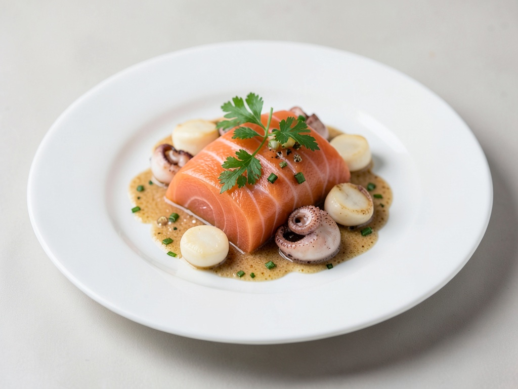 Sashimi frais au saumon, pétoncles et calmar