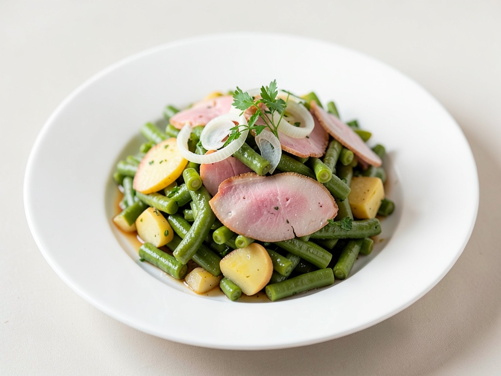 Salade de pommes de terre aux haricots verts, oignons de printemps et jambon