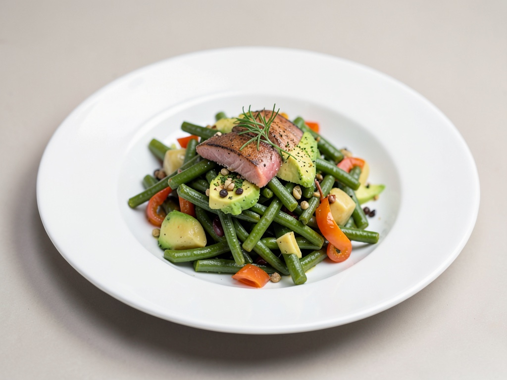 Salade colorée de haricots verts, poivrons, avocat et maquereau fumé