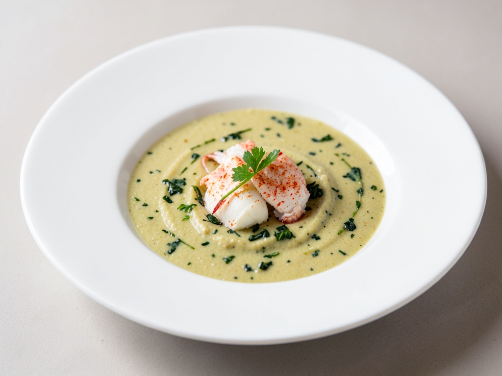 Cremige Sauerampfer-Suppe mit Ei und Krabben