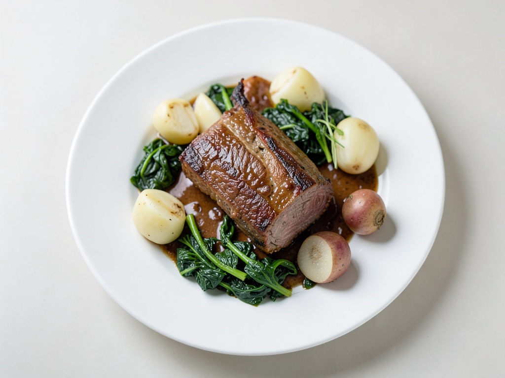 Tender Sauerbraten avec des boulettes de pommes de terre maison et de la choucroute rouge sucrée-acidulée