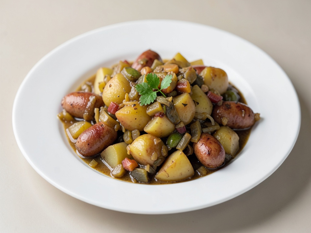 Saboroso guiso de col agria y patatas con salchichas vegetarianas