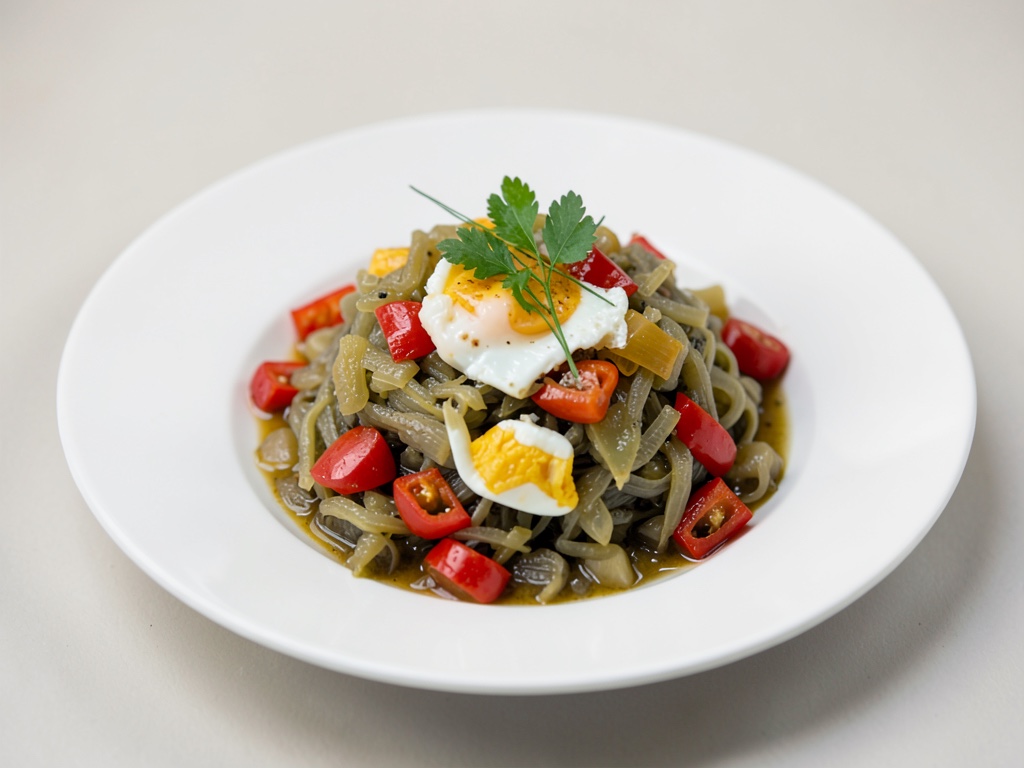 Padella di crauti con peperoni e uova al tegamino