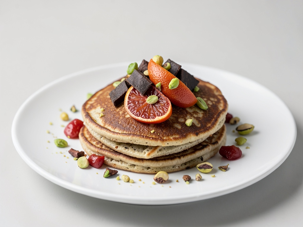 Tortitas de masa madre con naranja de sangre, chocolate y pistachos