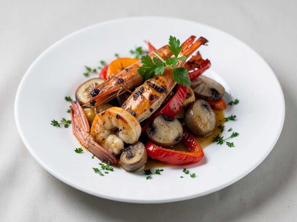 Gegrillte Garnelen mit Paprika und Pilzen