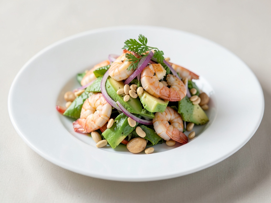 Insalata fresca di gamberi con avocado, arachidi e cipolle rosse